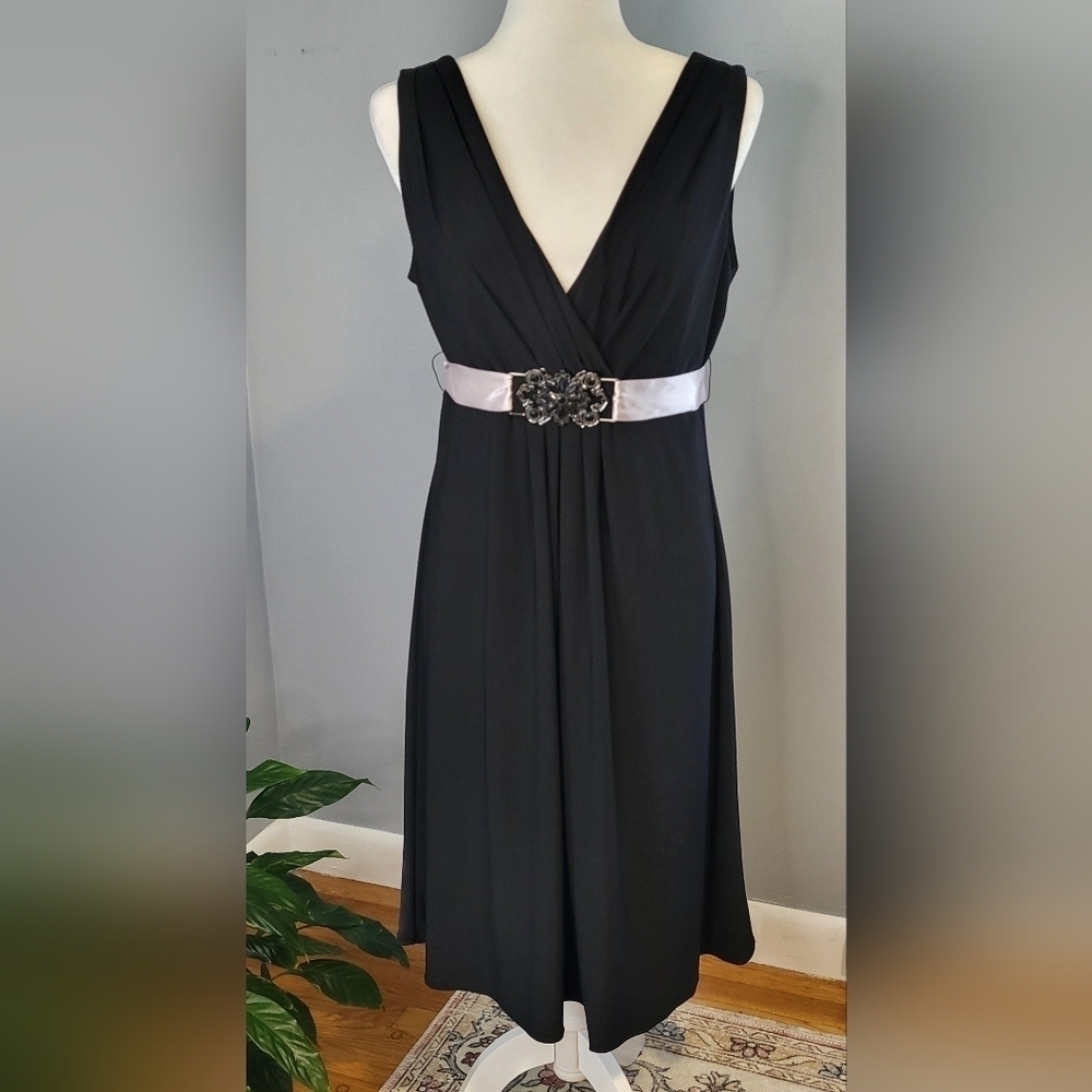 Scarlett Nite Deep V Neck Embellished Belt Ribbon Tie Fit & Flare Dress-Sz 14